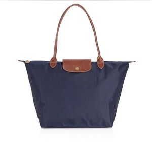 Longchamp Le Pliage Navy Tote Bag with Brown Leather Trim